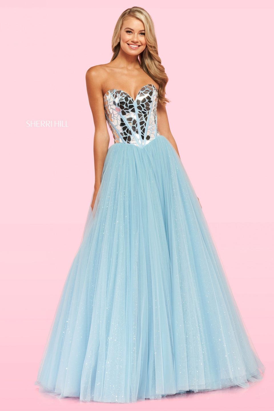 Sherri Hill Cut Glass Embellished Waist Corset Inspired Bodice With Sweetheart Neckline And Glittery Tulle Ball Gown Skirt