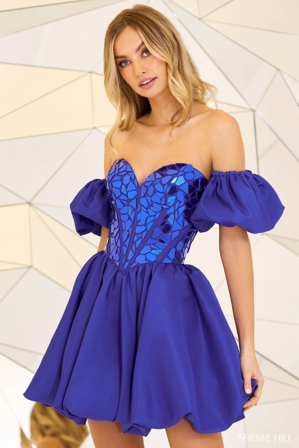 sherri hill Cut glass embellished waist corset inspired bodice with sweetheart neckline pleated taffeta skirt lace up back and detachable puffy sleeves