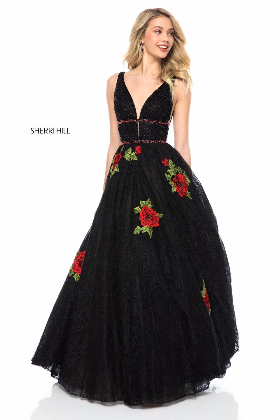 Sherri Hill Deep V Beaded Bodice With Lace Appliqued Ball Gown Skirt With Floral Detail