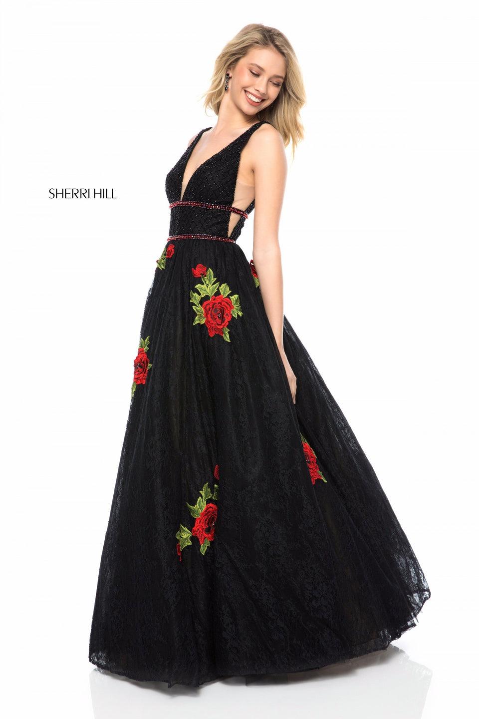 sherri hill Deep V beaded bodice with lace appliqued ball gown skirt with floral detail