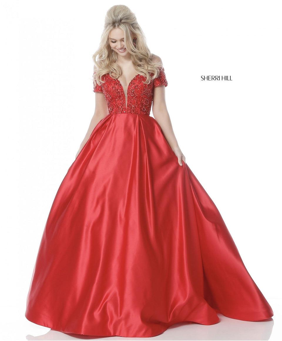Sherri Hill Deep V Beaded Bodice With Off-the- Shoulder Straps And Satin Ball Gown Skirt