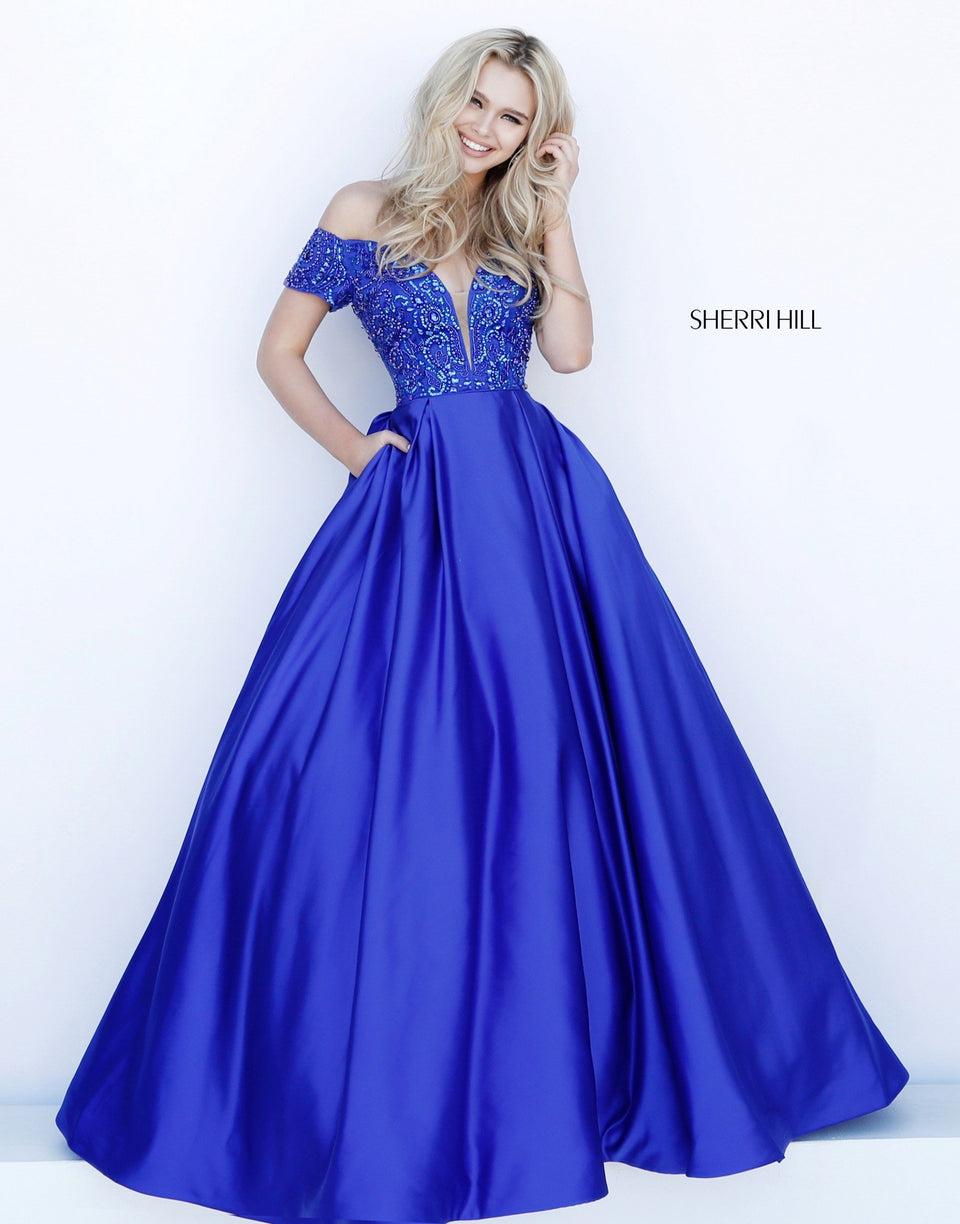 sherri hill Deep V beaded bodice with off-the- shoulder straps and satin ball gown skirt