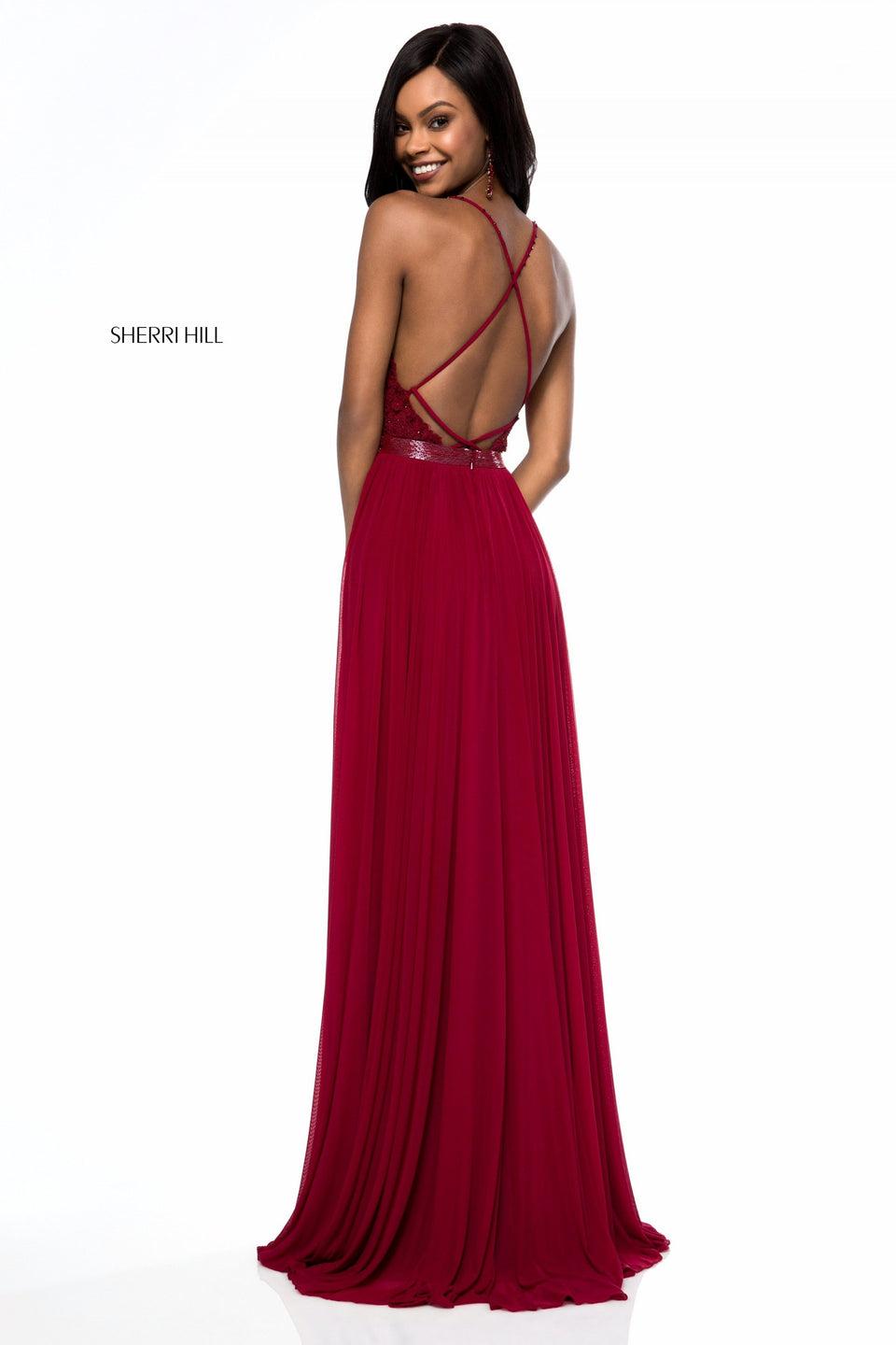 Sherri Hill Deep V Lace Appliqued Bodice With Criss Cross Straps In The Back And Chiffon Skirt