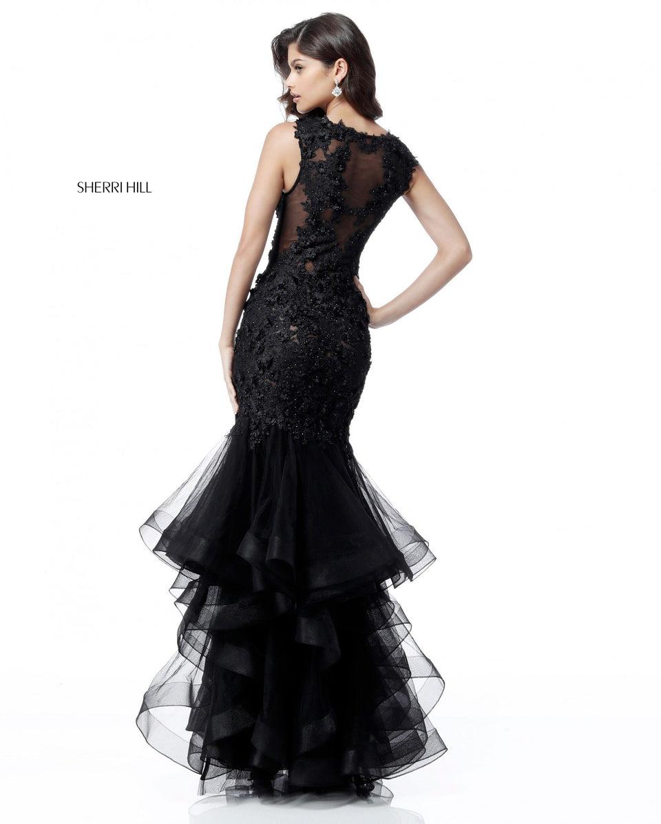 Sherri Hill Deep V Lace Appliqued Bodice With Ruffled Tulle Mermaid Skirt