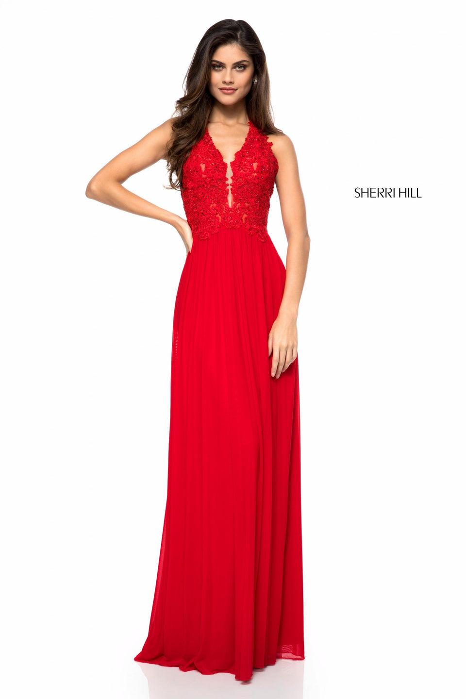 Sherri Hill Deep V Lace Appliqued Halter Bodice With Chiffon Skirt