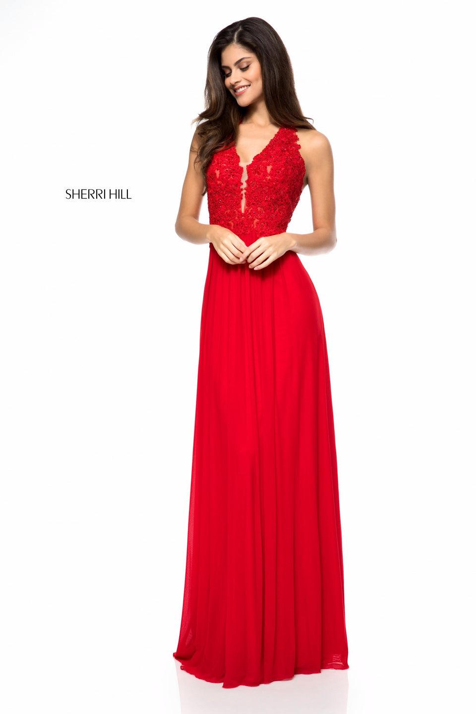 Sherri Hill Deep V Lace Appliqued Halter Bodice With Chiffon Skirt