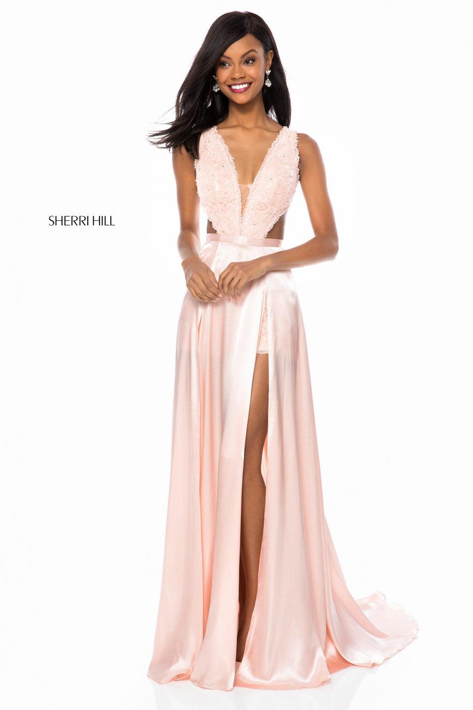 sherri hill Deep V lace body suit with cut out back and charmeuse overskirt