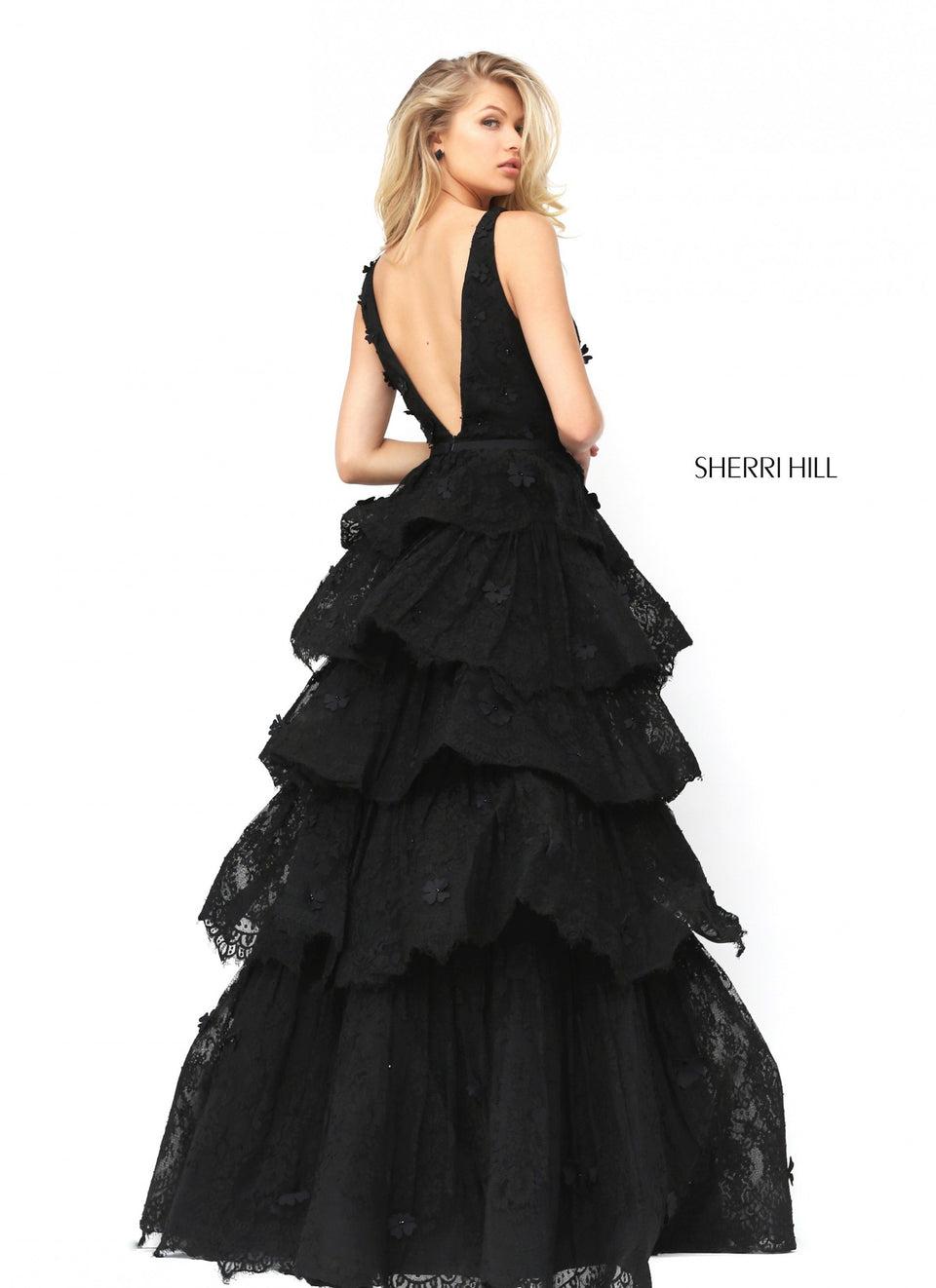 Sherri Hill Deep V-neck Bodice With A Lace Tiered Skirt And Flower Appliques