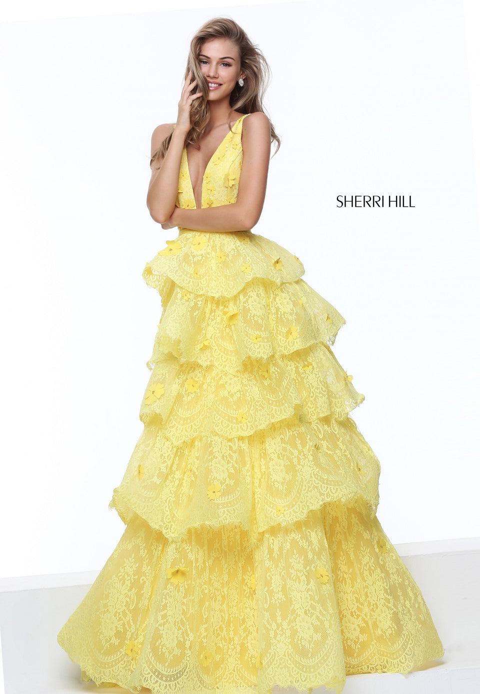 Sherri Hill Deep V-neck Bodice With A Lace Tiered Skirt And Flower Appliques