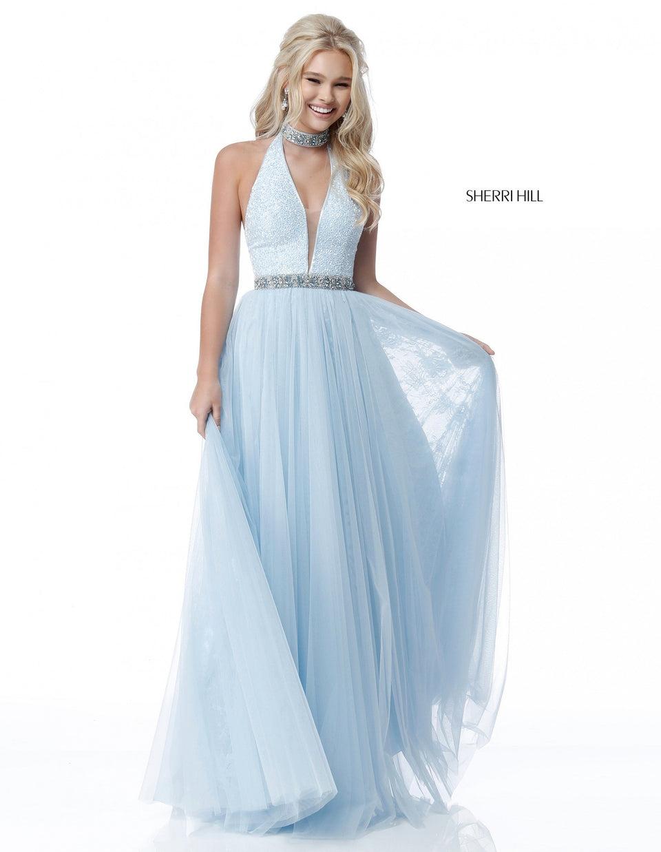 Sherri Hill Deep V Sequin Bodice With Beaded Choker And Chiffon Skirt