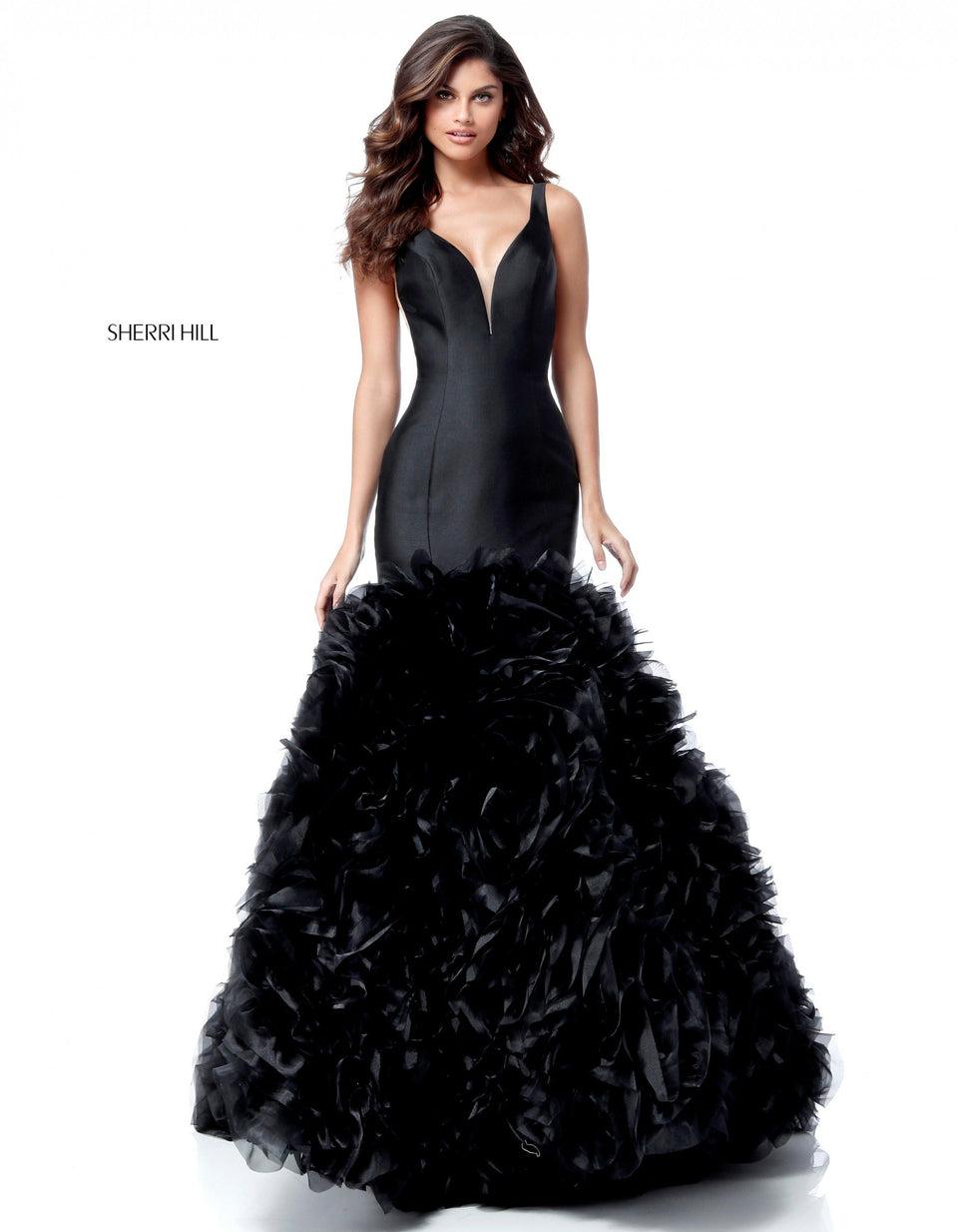 Sherri Hill Deep V Taffeta Bodice With Low Back And Ruffle Tulle Mermaid Skirt