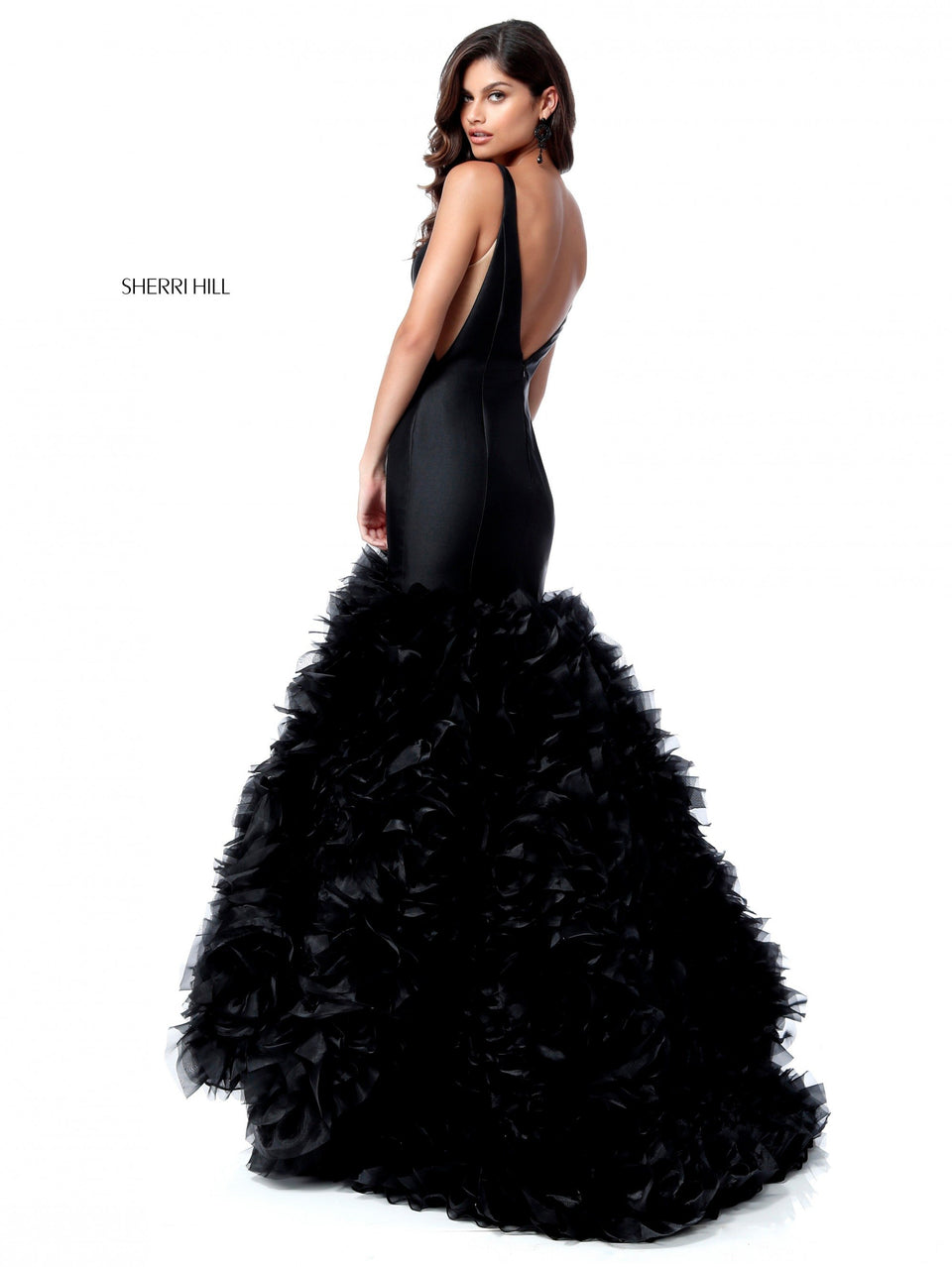 sherri hill Deep V taffeta bodice with low back and ruffle tulle mermaid skirt