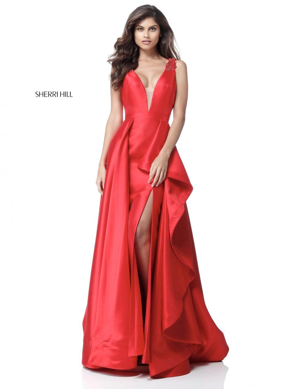 sherri hill Deep V taffeta gown with A-line ruffle slit skirt and beaded detail on shoulders