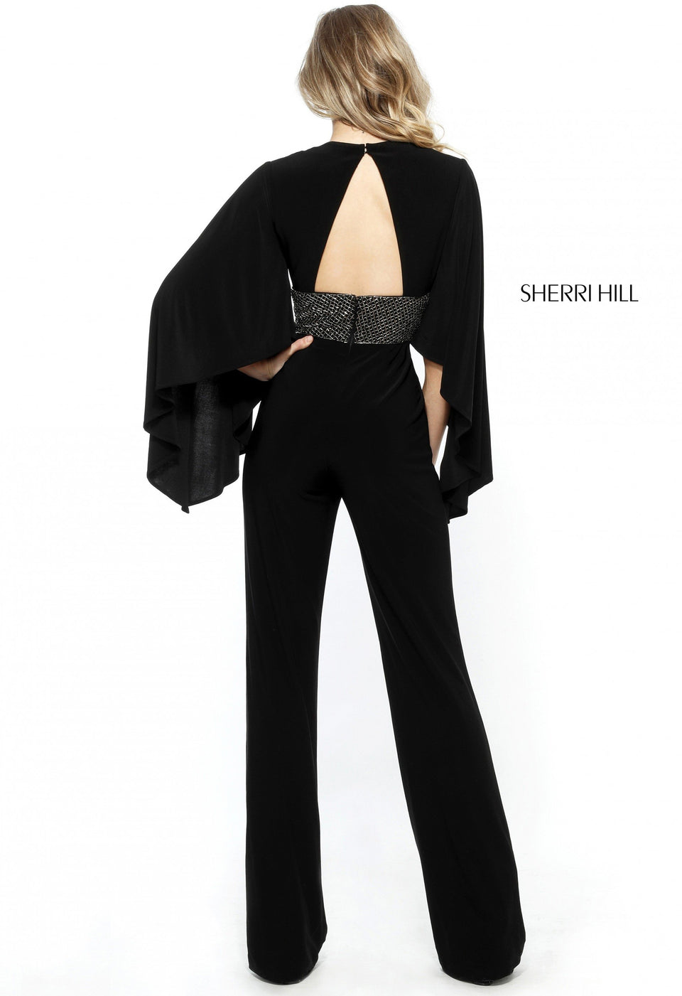 Sherri Hill Deep V Velvet Jumpsuit With Flare Sleeves And Beaded Belt