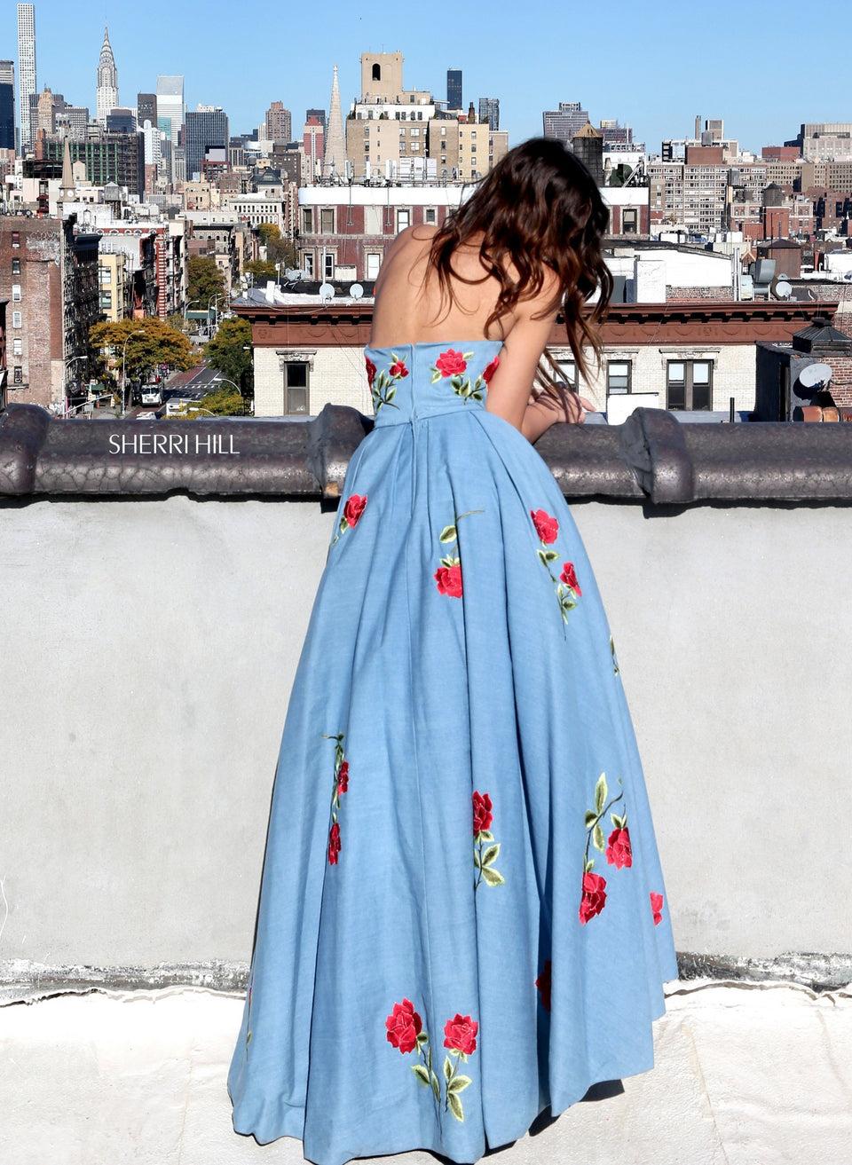 Sherri Hill Denim Audrey Length Dress With Embroidered Flowers And Strapless Neckline