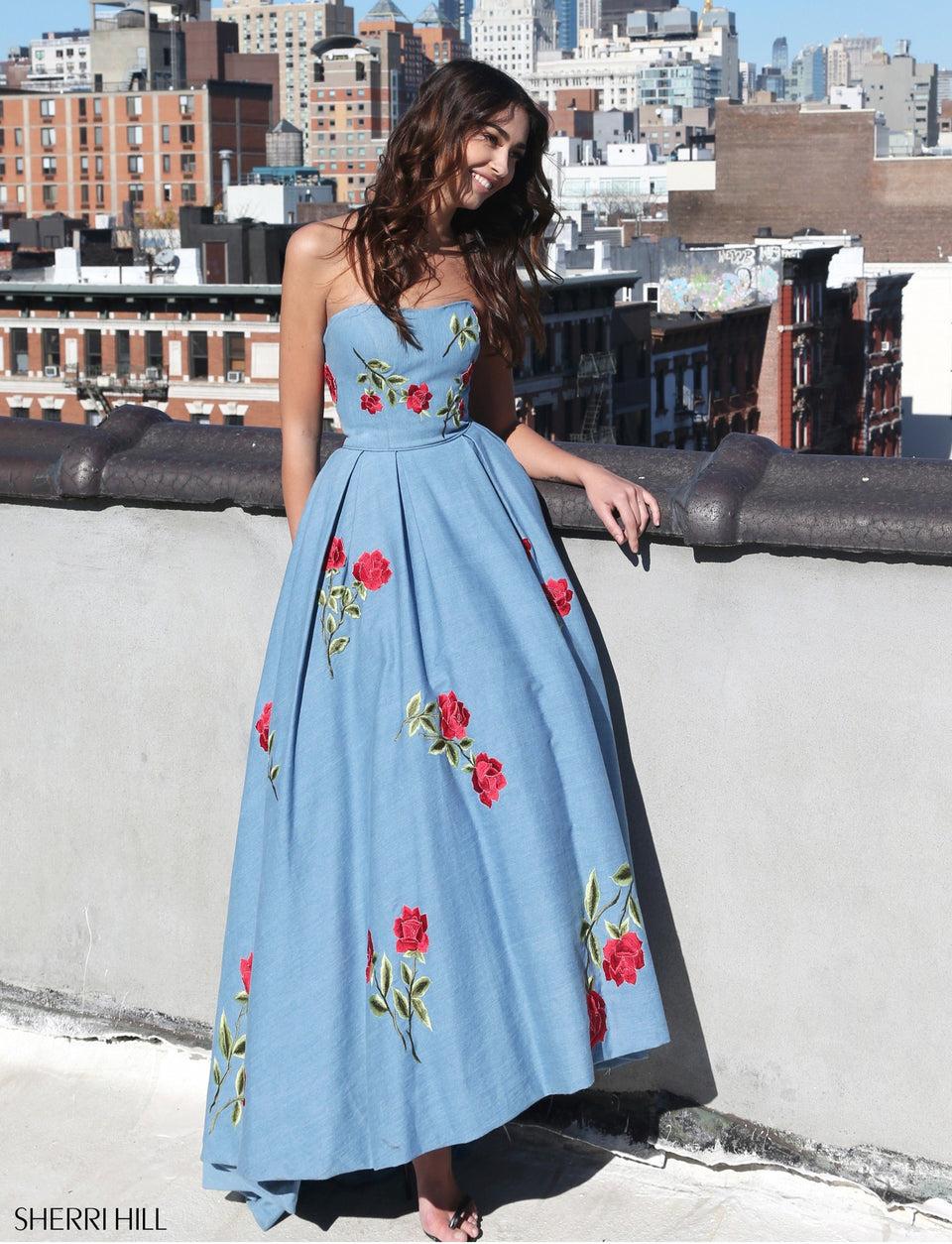 Sherri Hill Denim Audrey Length Dress With Embroidered Flowers And Strapless Neckline