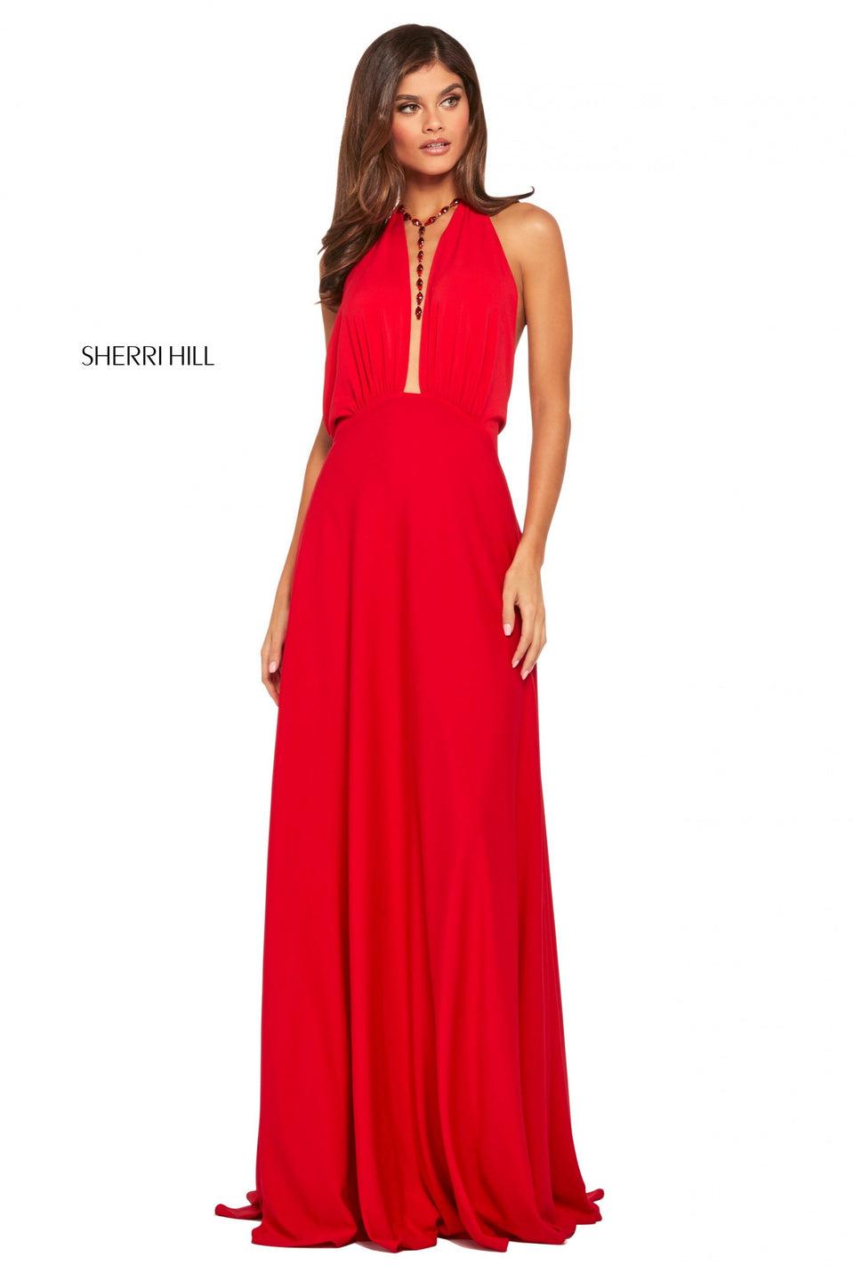Sherri Hill Draped Jersey Gown With Plunging Halter Neckline With Ruched Bust
