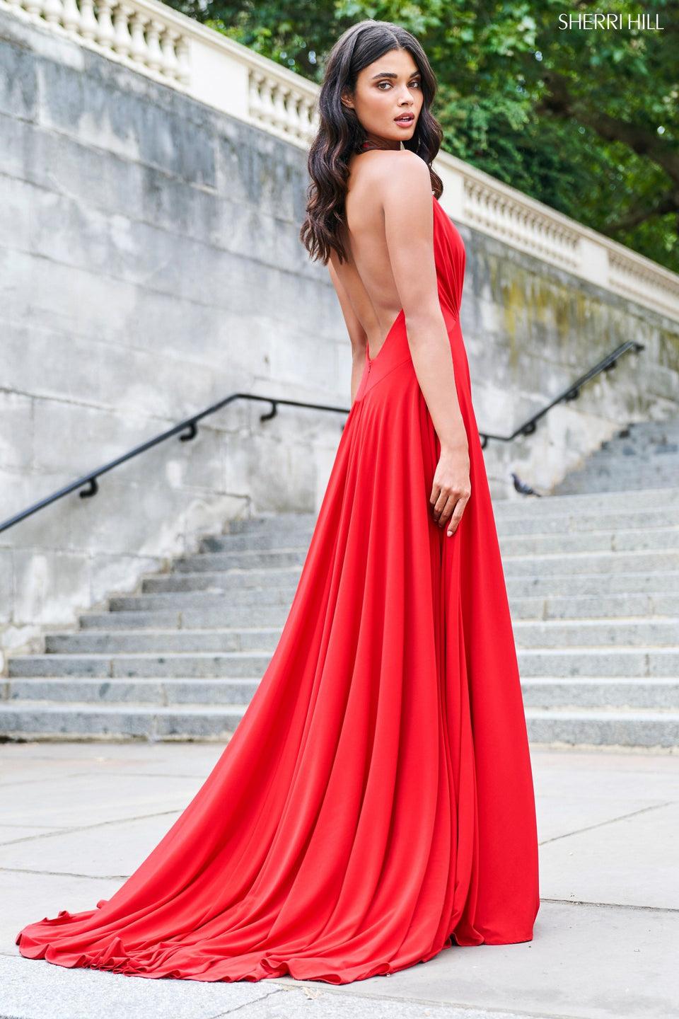 sherri hill Draped jersey gown with plunging halter neckline with ruched bust