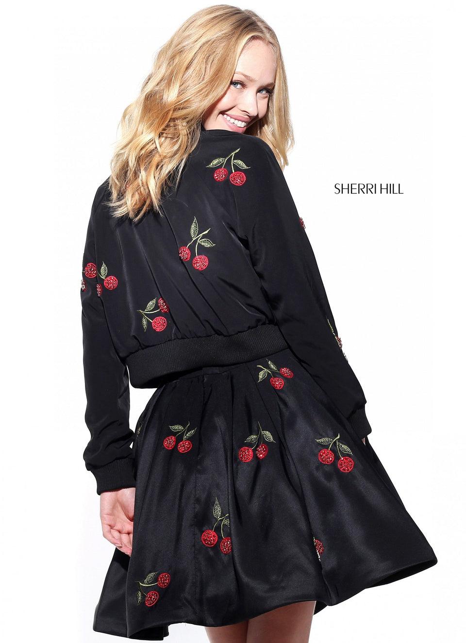 Sherri Hill Embellished Embroidered Cherry Print Satin A-line Skirt And Bomber Jacket With High Neck Satin Top