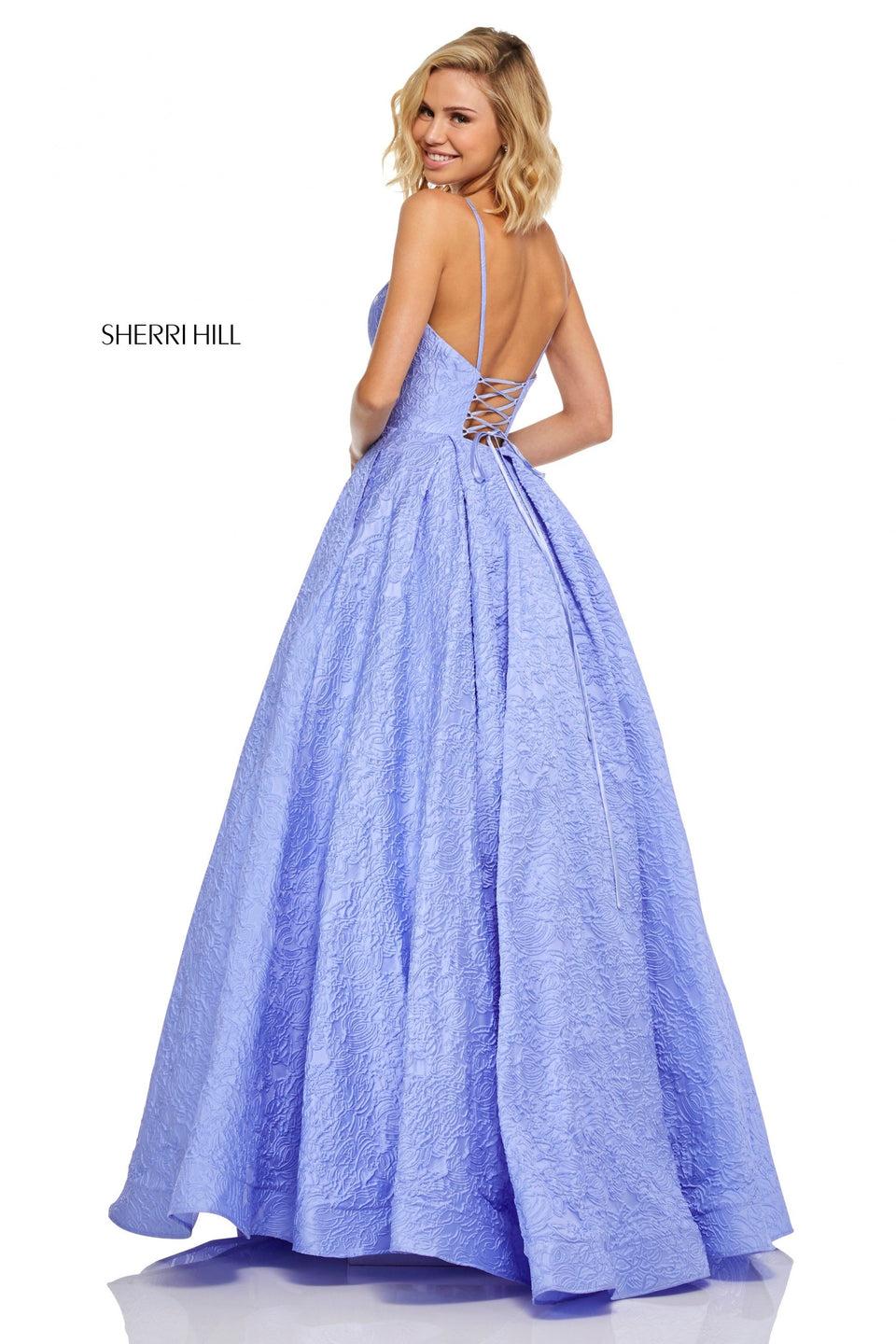 Sherri Hill Embossed Satin A-line Gown With Plunging Neckline And Corset Style Back
