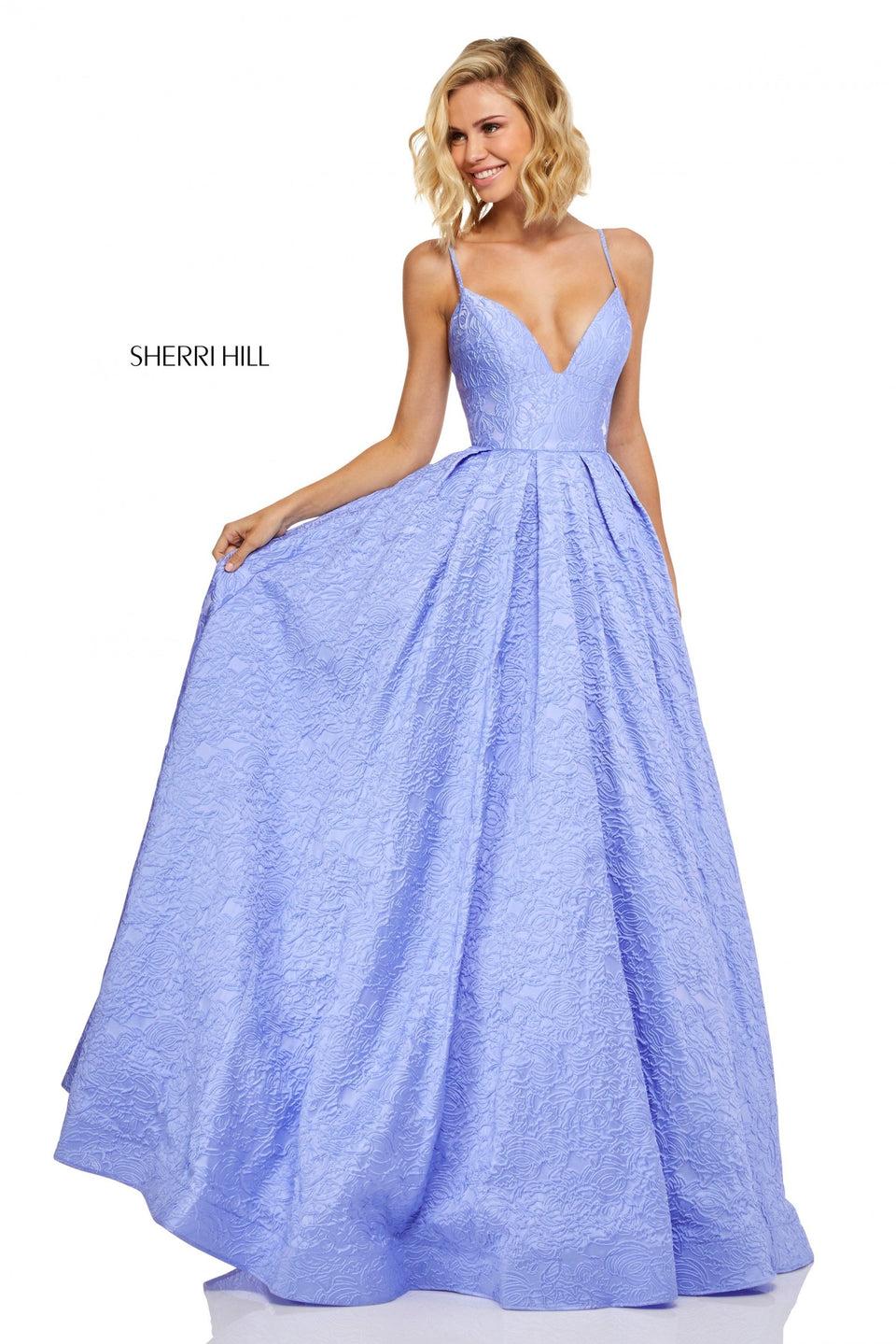 sherri hill Embossed satin A-line gown with plunging neckline and corset style back
