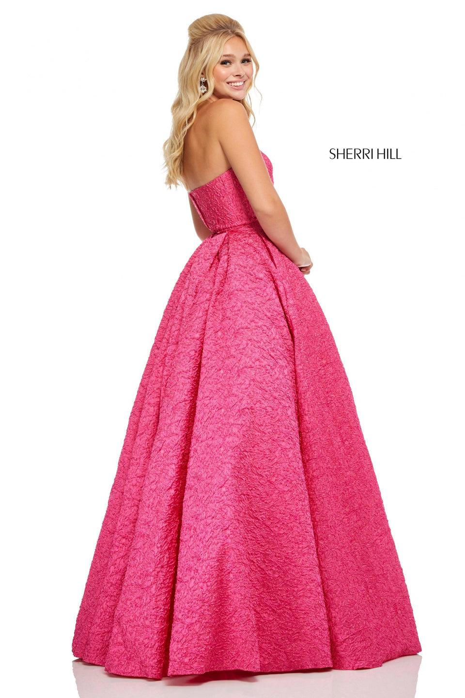 Sherri Hill Embossed Satin Strapless Ball Gown With Pockets