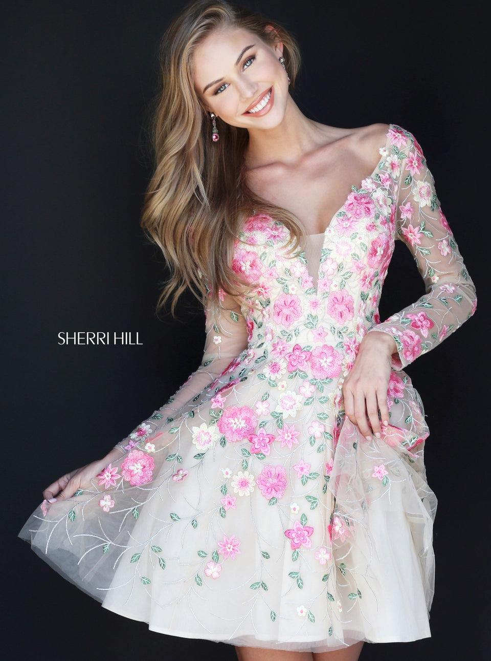 Sherri Hill Embroidered A-line Cocktail Dress With Long Sleeves And Off-the-shoulder V Neckline