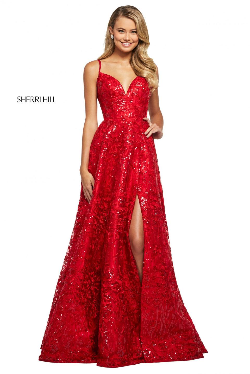 sherri hill Embroidered and sequins A-line dress with V sweetheart neckline corset style lace up back and skirt slit