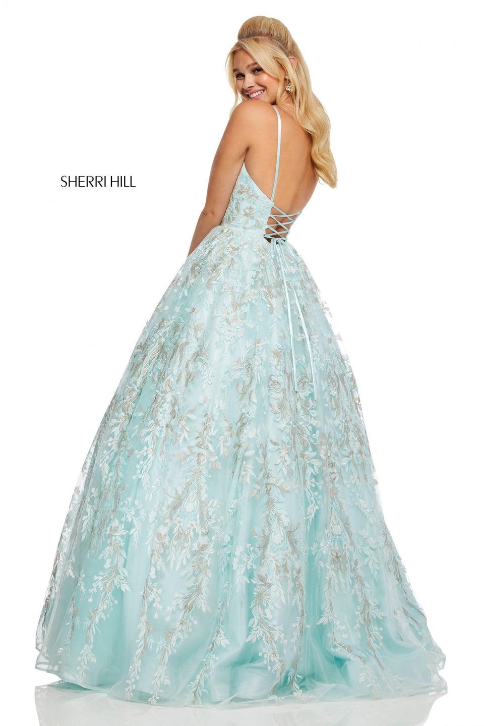 Sherri Hill Embroidered Ball Gown With Deep Modified Sweetheart Neckline Corset Style Back And Jewel Detailing
