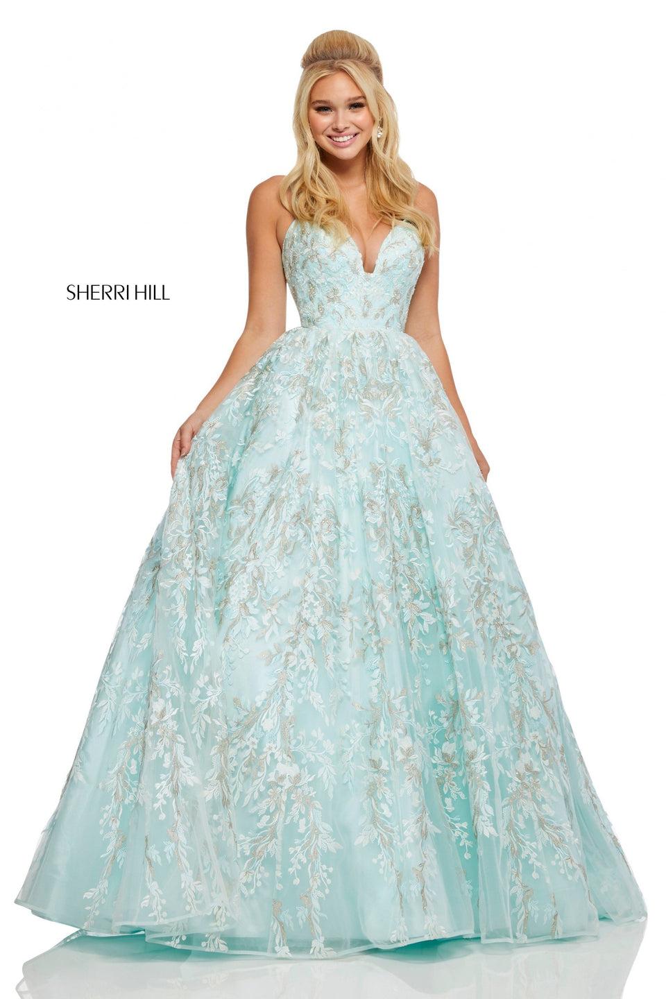 Sherri Hill Embroidered Ball Gown With Deep Modified Sweetheart Neckline Corset Style Back And Jewel Detailing