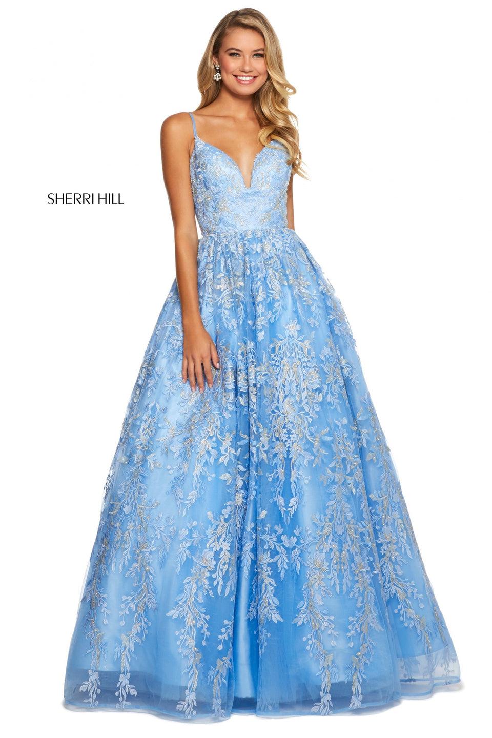 sherri hill Embroidered ball gown with deep modified sweetheart neckline corset style back and jewel detailing