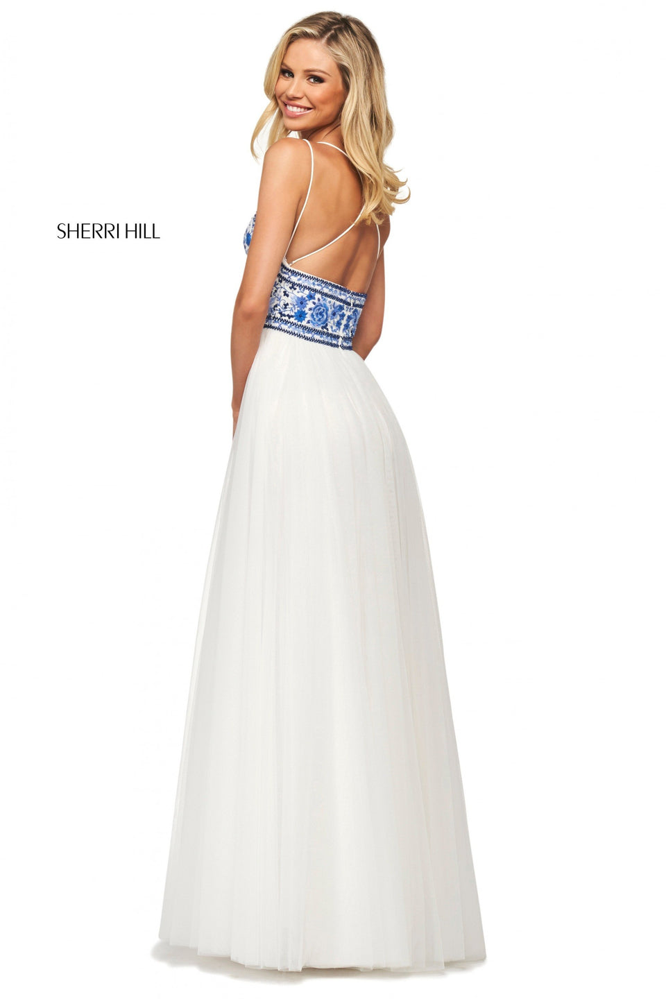 Sherri Hill Embroidered Bodice With V Sweetheart Neckline Criss Cross Strap Back And Chiffon Skirt