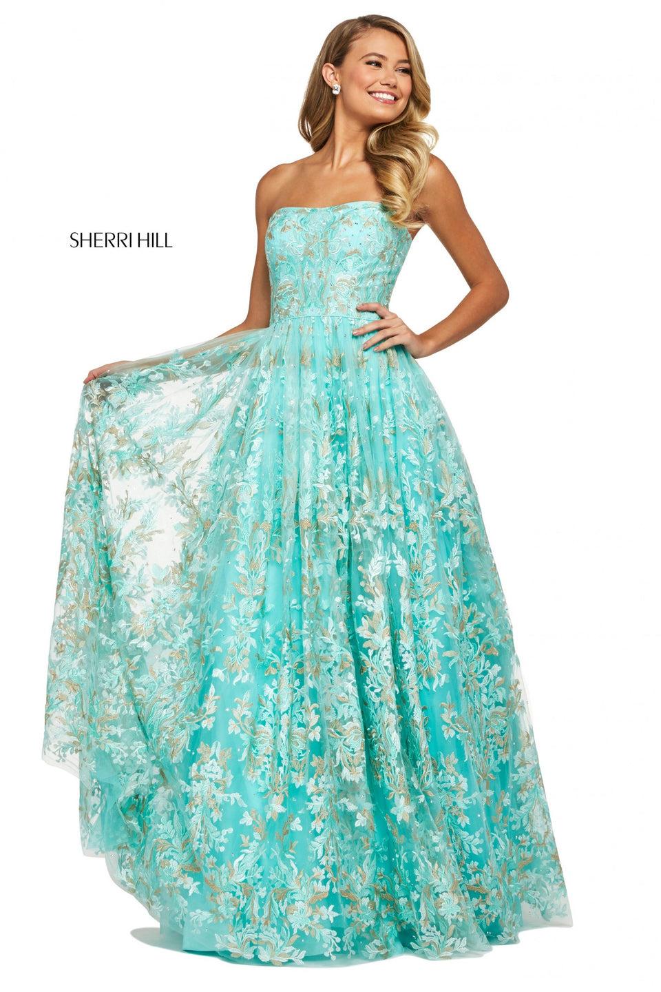 Sherri Hill Embroidered Chiffon A-line Dress With Strapless Neckline And Corset Style Lace Up Back