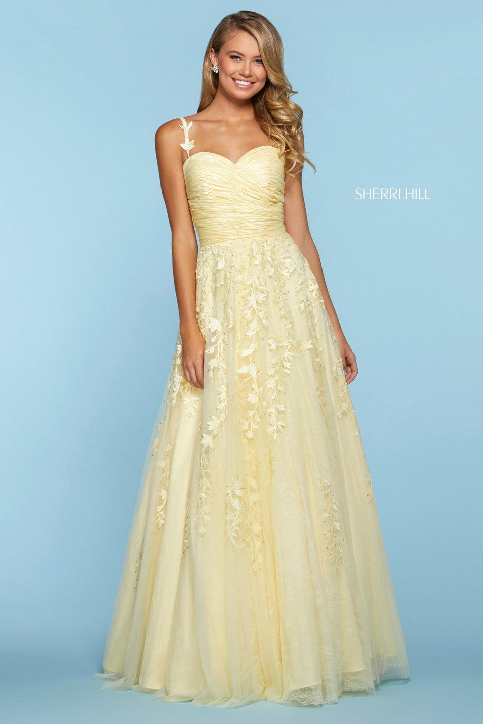 sherri hill Embroidered chiffon gown with ruched sweetheart neckline bodice