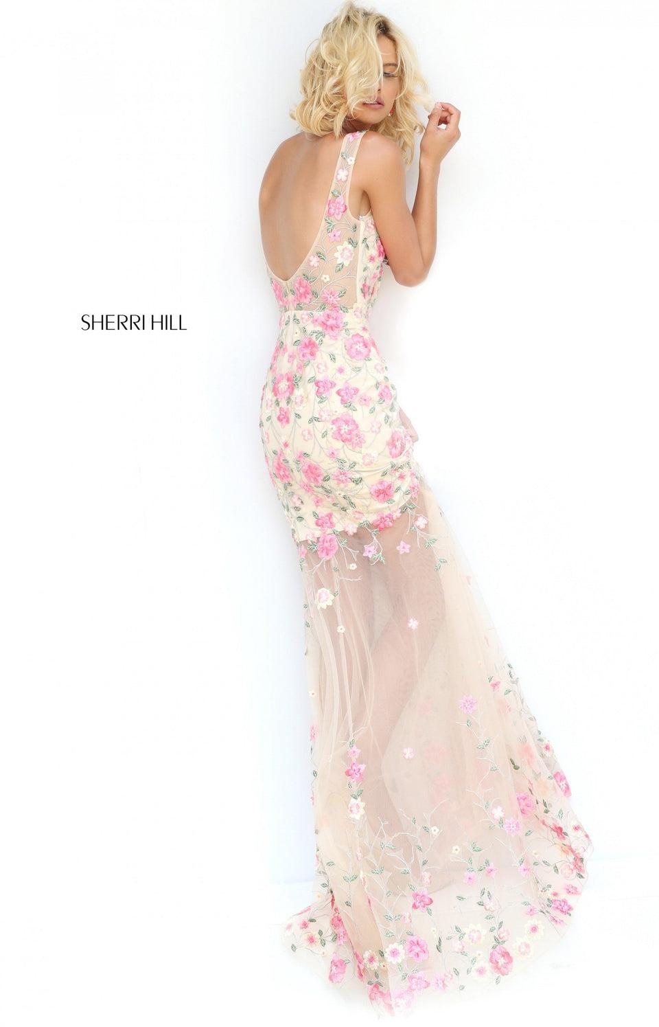 Sherri Hill Embroidered Chiffon Gown With Sheer Skirt And Deep V Neckline