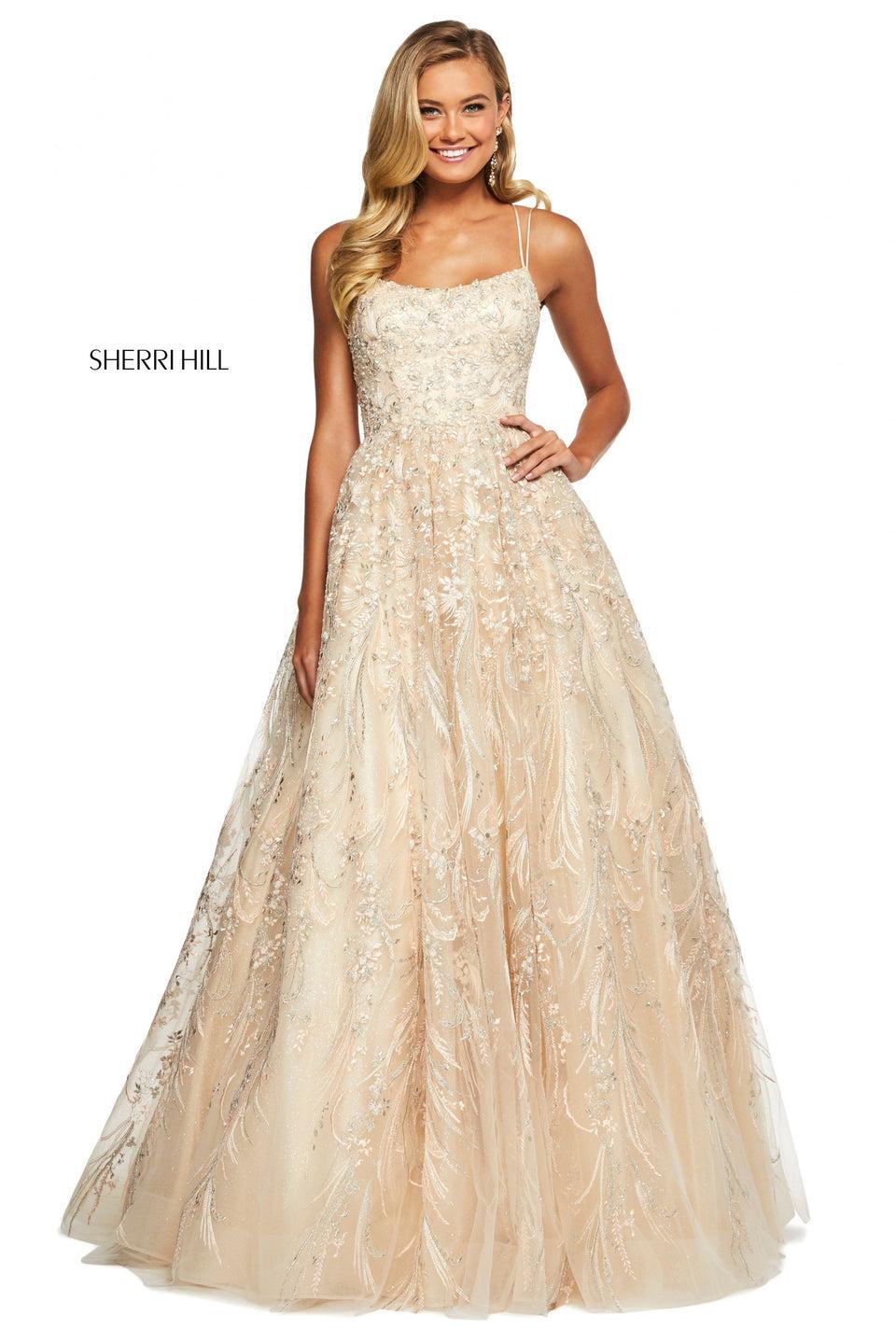 sherri hill Embroidered glitter organza ball gown with strappy lace up back