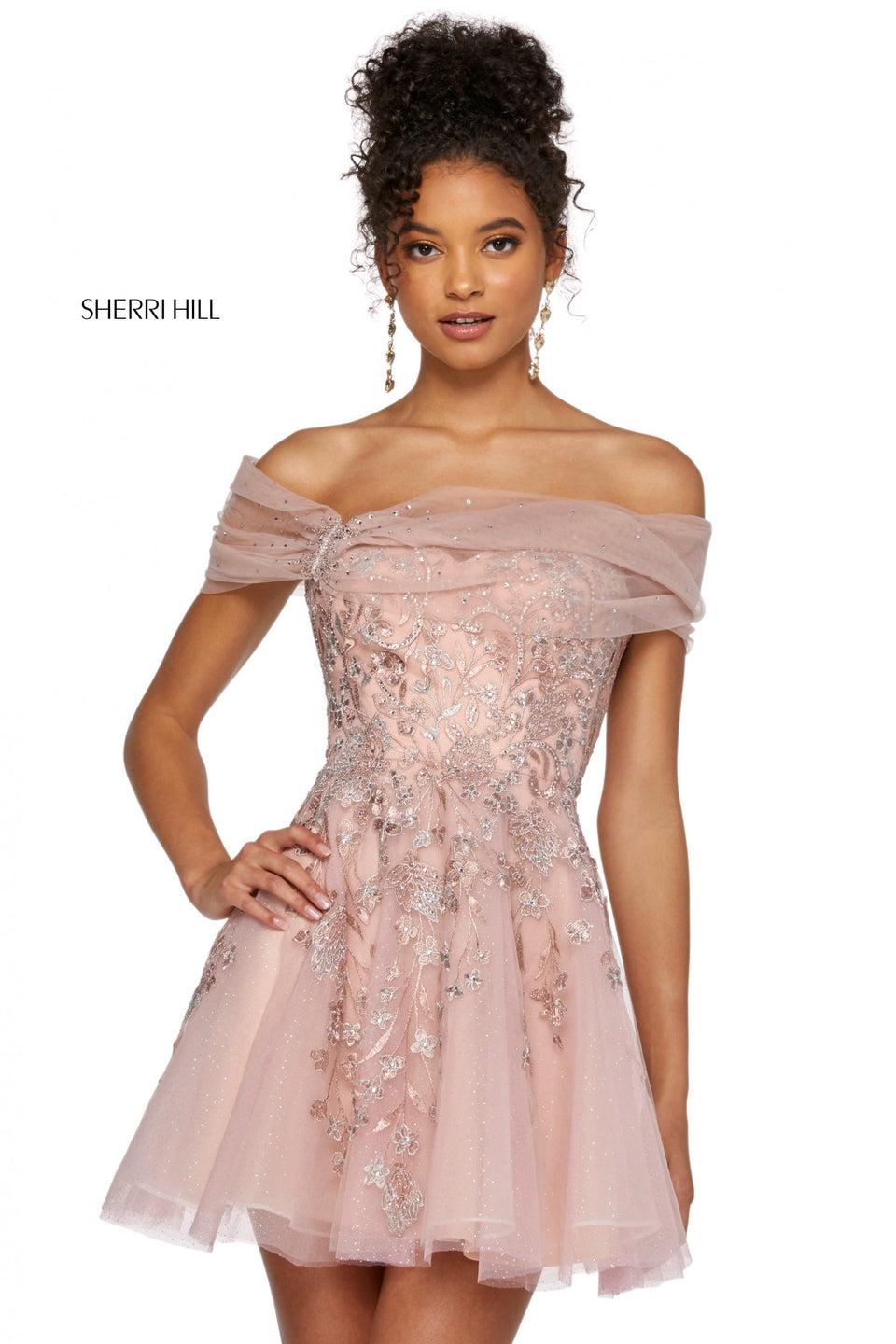 Sherri Hill Embroidered Glitter Tulle A-line Cocktail Dress With Off-the-shoulder Neckline