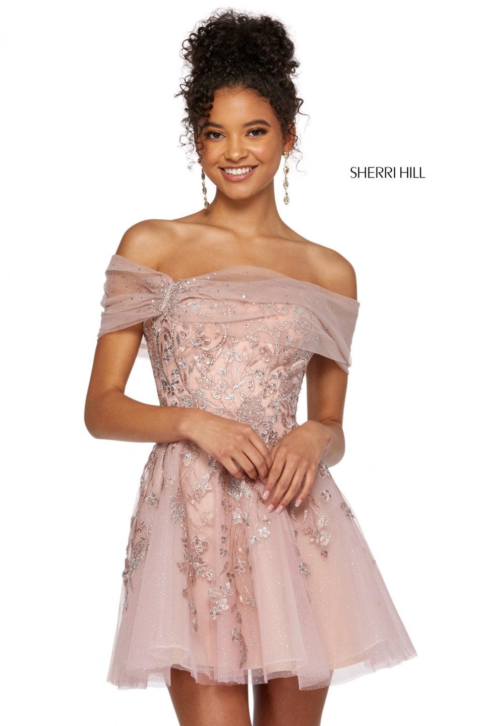 sherri hill Embroidered glitter tulle A-line cocktail dress with off-the-shoulder neckline