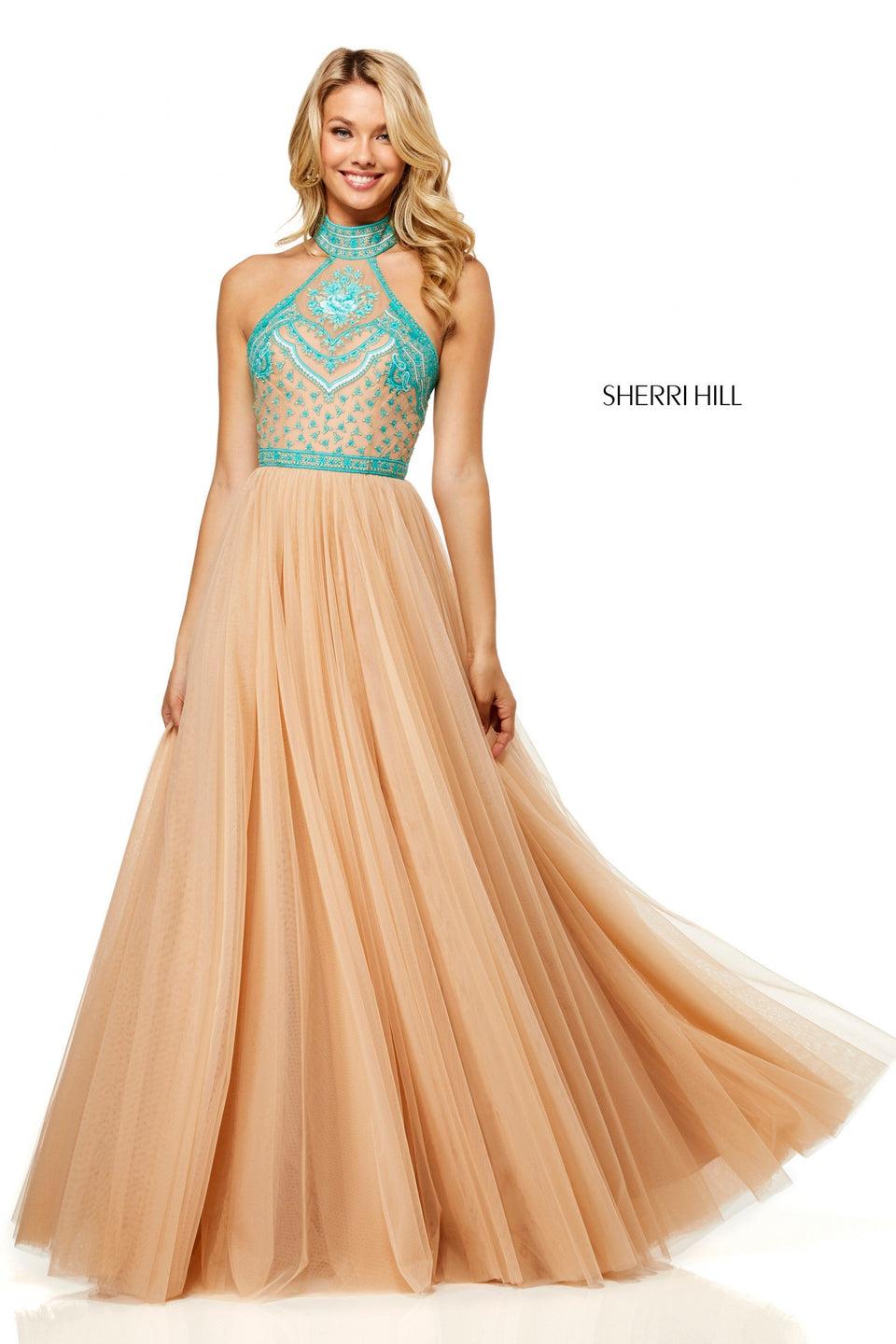 Sherri Hill Embroidered Halter Neck Bodice With Lace Up Back And Tulle Skirt