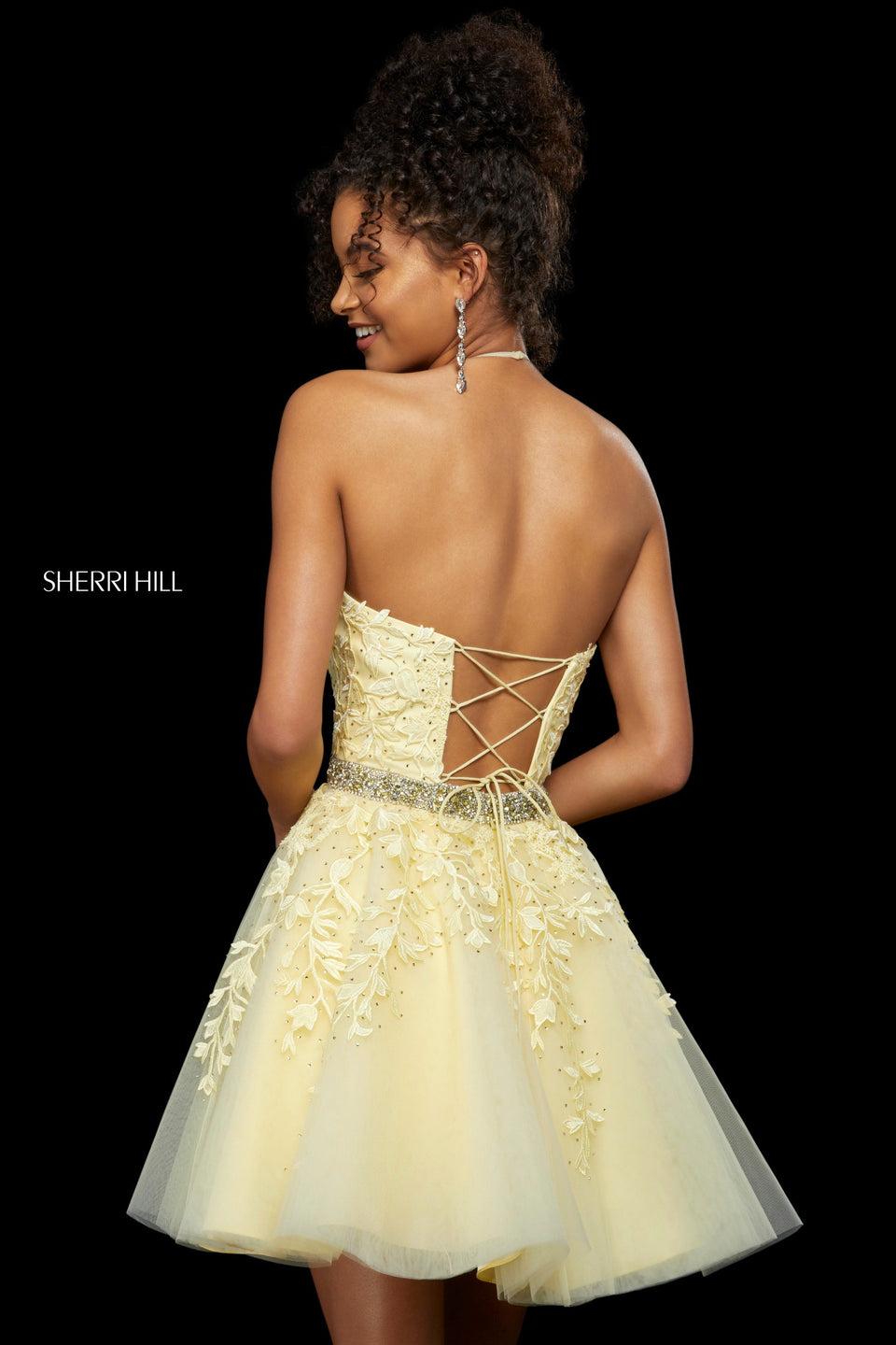 Sherri Hill Embroidered Lace And Tulle A-line Cocktail Dress With Halter Neckline And Corset Style Back With Beaded Belt