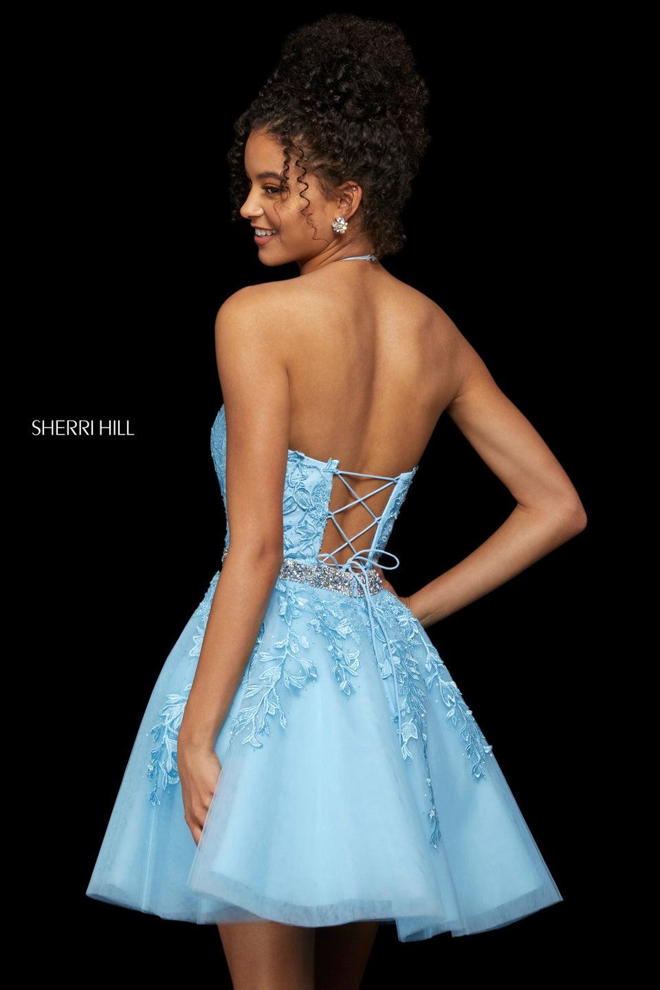 Sherri Hill Embroidered Lace And Tulle A-line Cocktail Dress With Halter Neckline And Corset Style Back With Beaded Belt