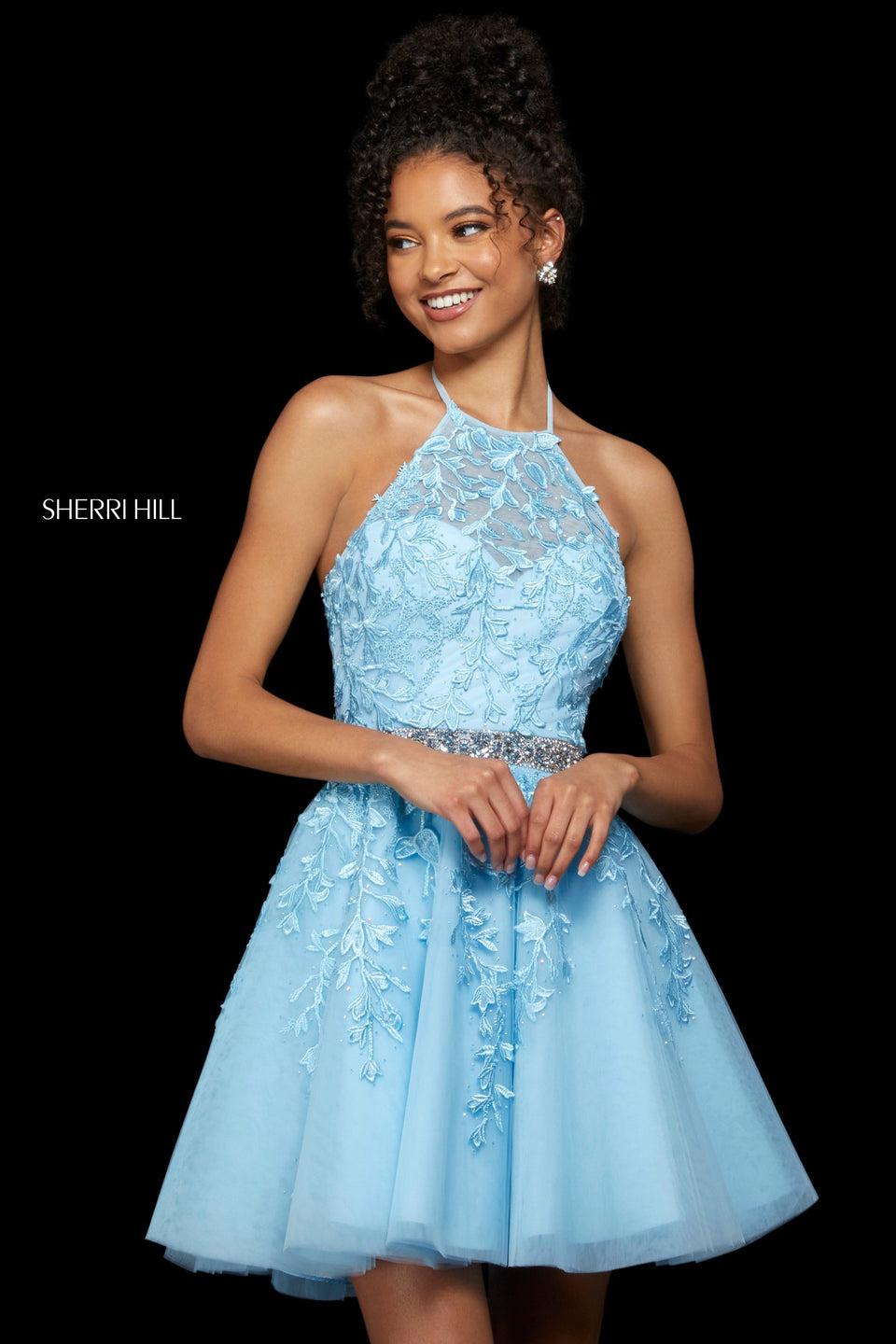 Sherri Hill Embroidered Lace And Tulle A-line Cocktail Dress With Halter Neckline And Corset Style Back With Beaded Belt