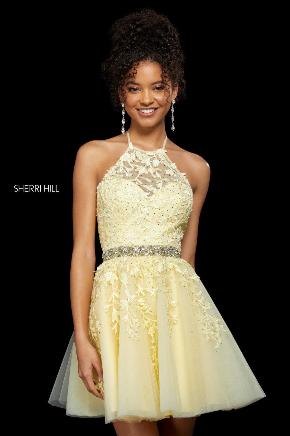sherri hill Embroidered lace and tulle A-line cocktail dress with halter neckline and corset style back with beaded belt