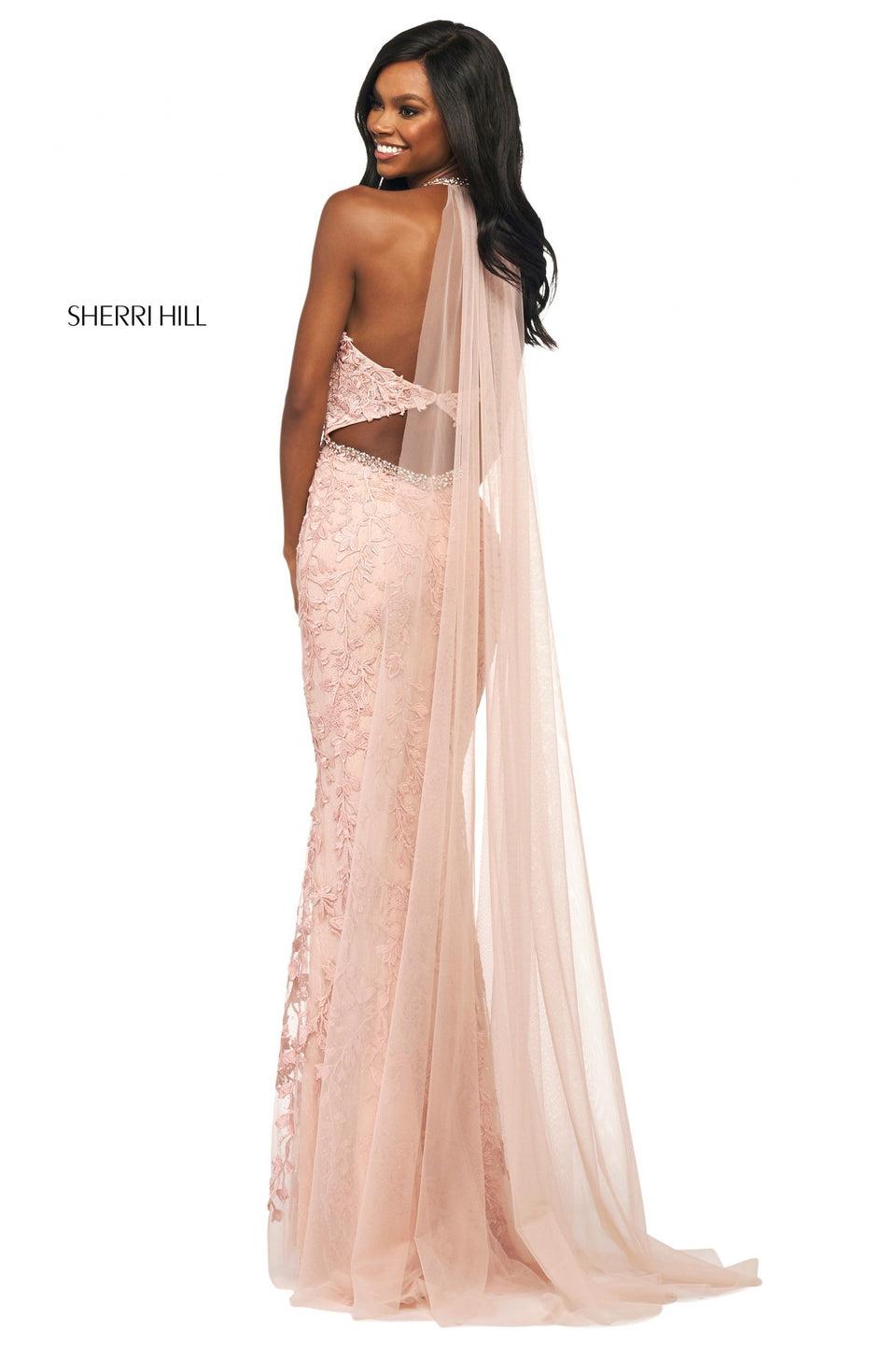 Sherri Hill Embroidered Lace Fitted Gown With Embellished High Cut Halter Neckline And Chiffon Train