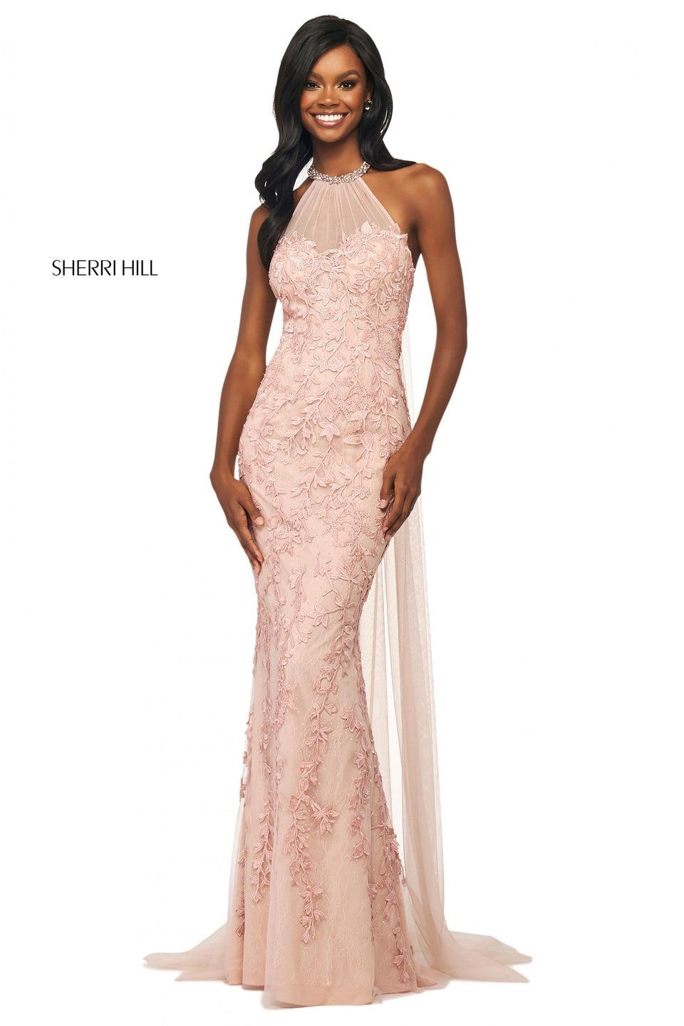 sherri hill Embroidered lace fitted gown with embellished high cut halter neckline and chiffon train