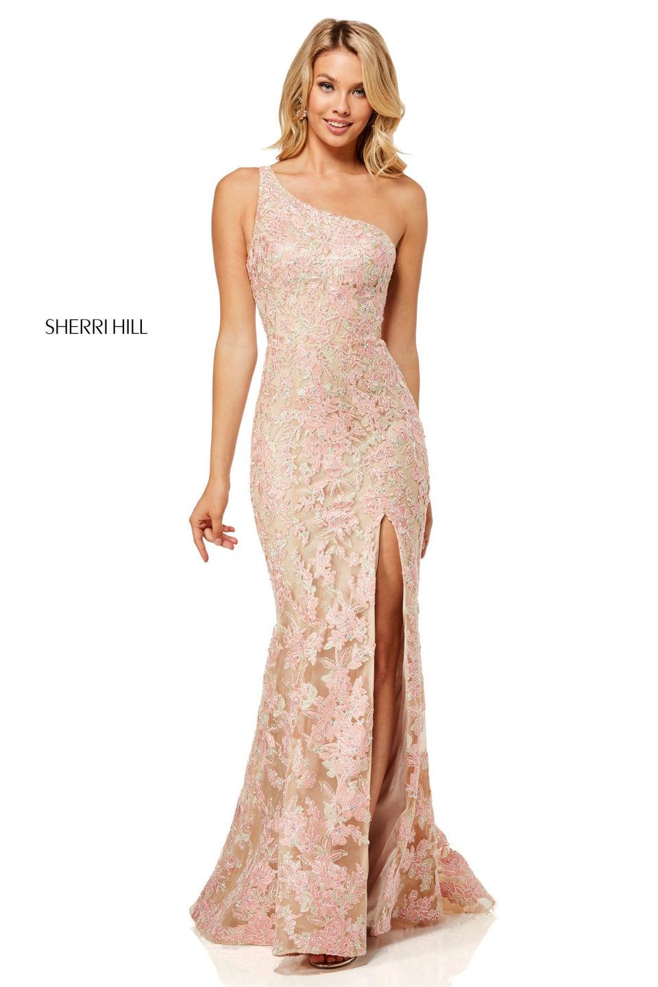 sherri hill Embroidered one-shoulder dress with jewel accents and slit skirt