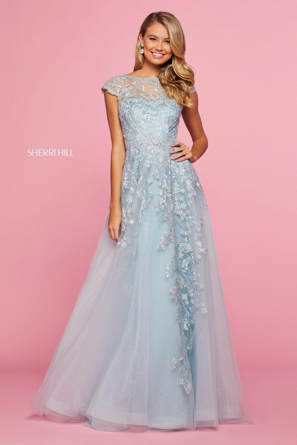 sherri hill Embroidered organza A-line with bateau neckine and cap sleeves