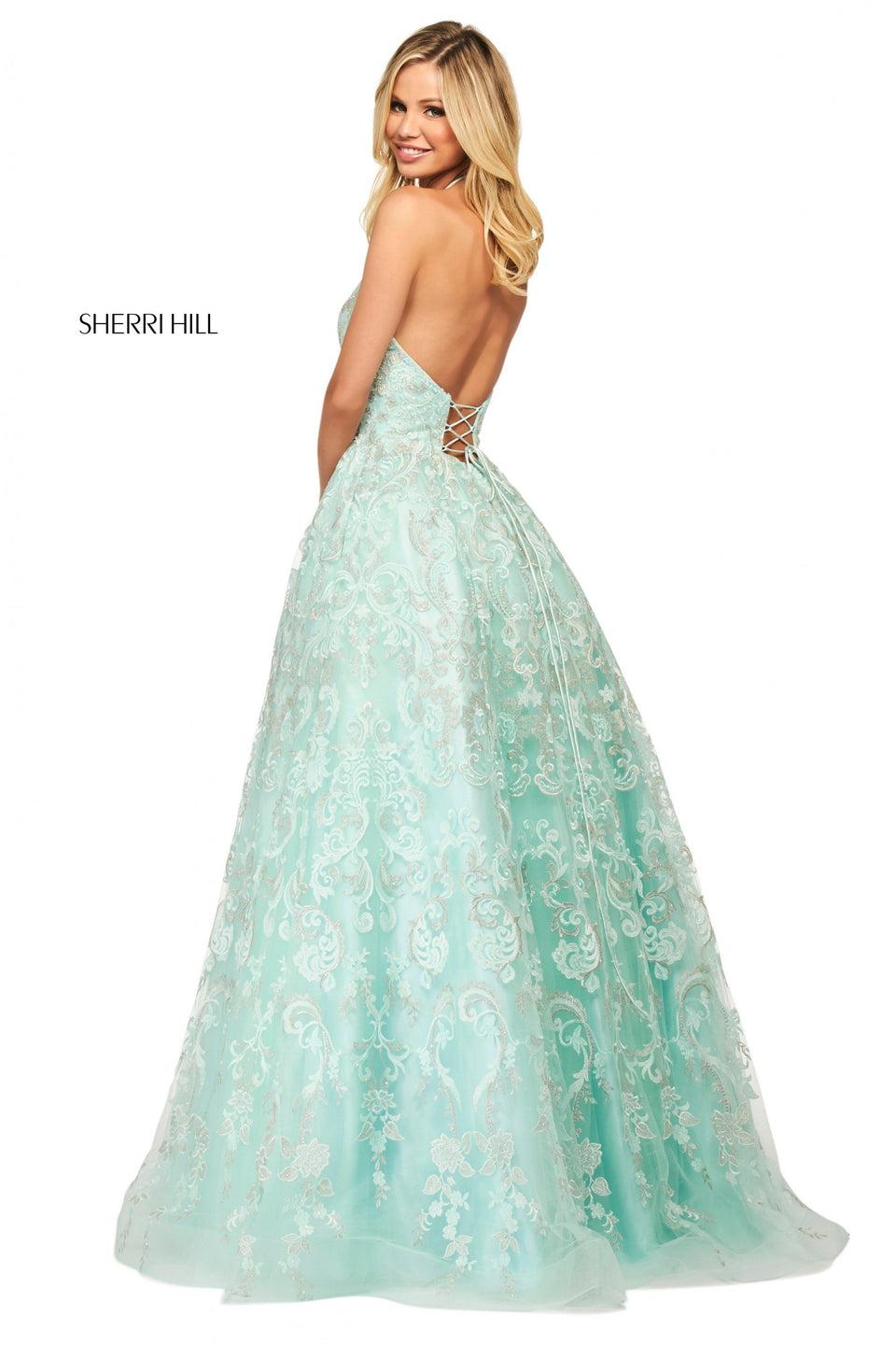 Sherri Hill Embroidered Organza Ball Gown With A High Cut Halter Neckline And Corset Style Lace Up Back