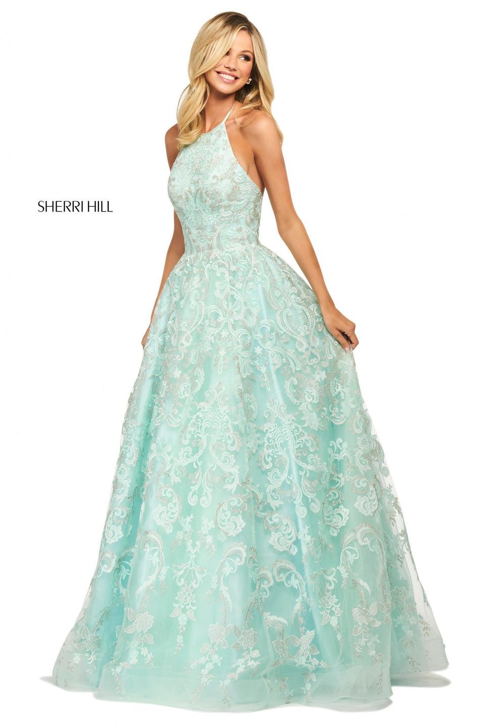 sherri hill Embroidered organza ball gown with a high cut halter neckline and corset style lace up back