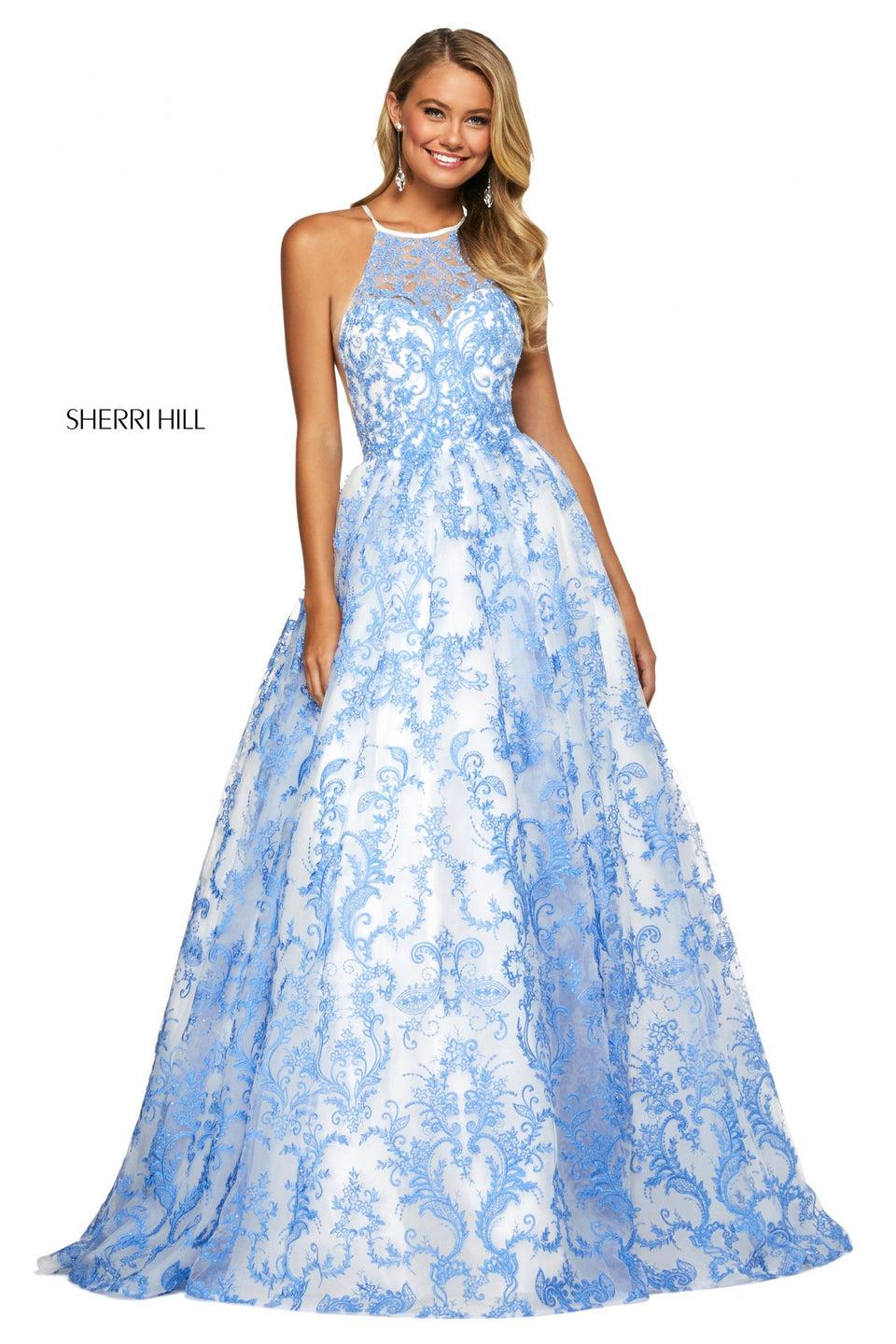 sherri hill Embroidered organza ballgown with sheer illusion halter style neckline
